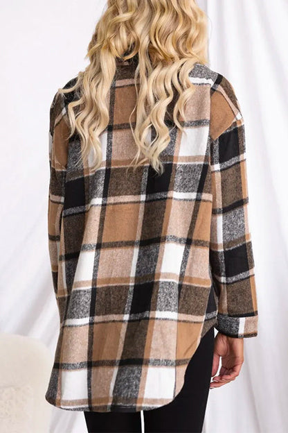 Rosiedress Lapel Button Down Pockets Plaid Shacket Coat