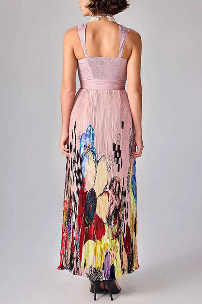 Sleeveless High Waist Floral Print Pleated Maxi Dress