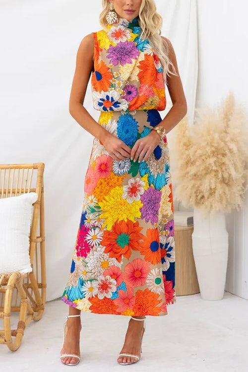 Rosiedress Sleeveless Tie Neck Waisted Floral Print Maxi Dress Floral