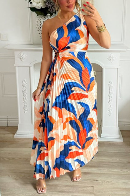 One Shoulder Cut Out Color Block Printed Maxi Pleated Dress Blue