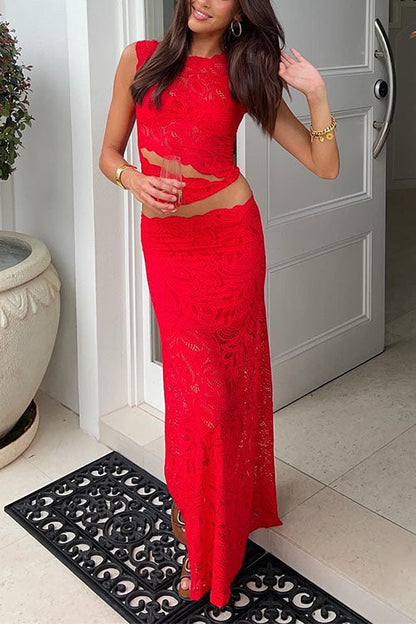 Sleeveless Cut Out Lace Top and Maxi Bodycon Skirt Set