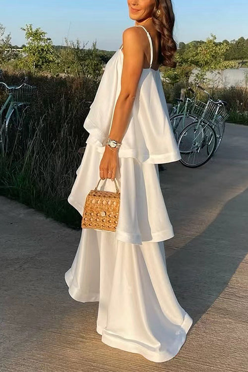 Adjustable Strap Ruffle Layered Satin Maxi Dress