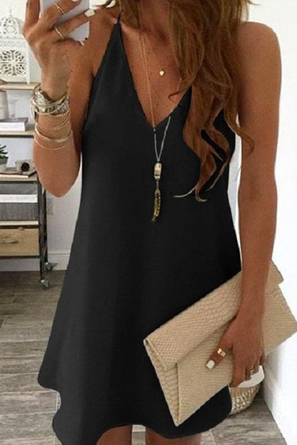 Solid V-neck Sleeveless Chiffon Swing Dress Black