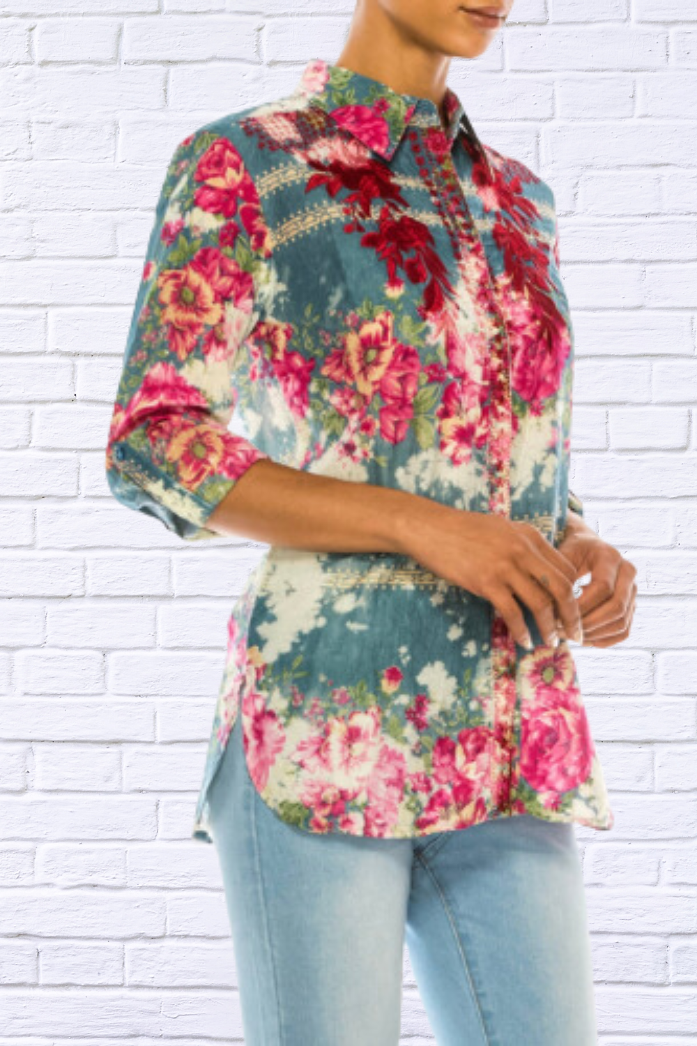 Floral Printed Shirt With Embroidery and Vintage ash