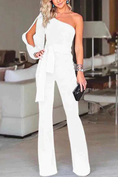 One Shoulder Slit Sleeve Tie Knot Jumpsuit White