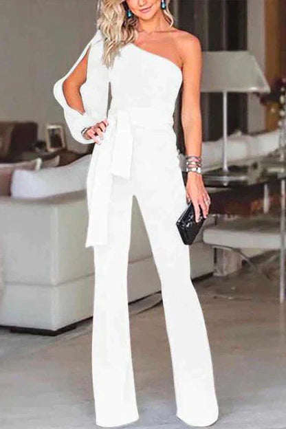 One Shoulder Slit Sleeve Tie Knot Jumpsuit White