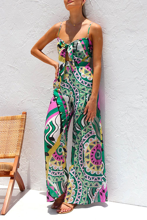 Spaghetti Strap Tie Knot Front Wide Leg Printed Jumpsuit Green