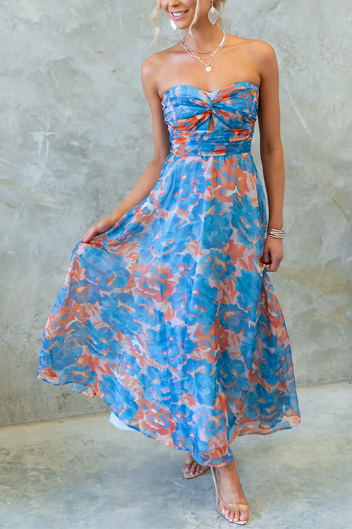 Strapless Twist Front High Waist Printed Flowy Maxi Dress