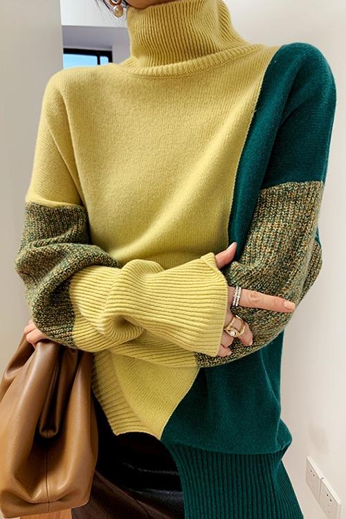 Turtleneck Color Block Splice Side Split Sweater Yellow OneSize