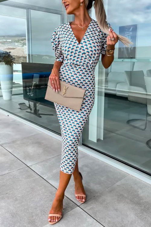 Wrap V Neck Puff Sleeves Printed Midi Bodycon Dress Blue