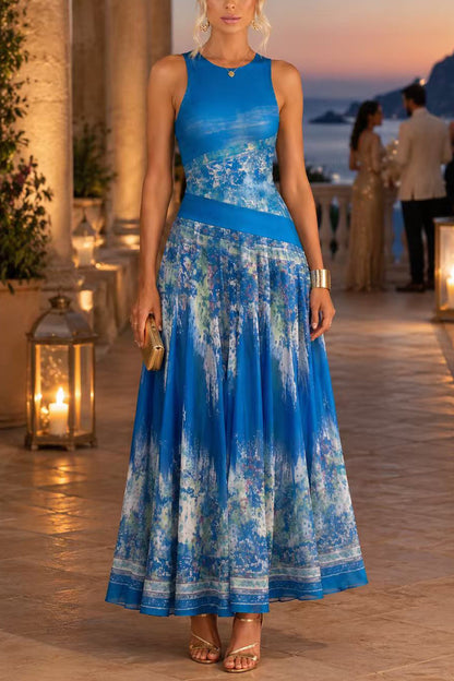 Crewneck Sleeveless Printed Flowy Maxi Dress