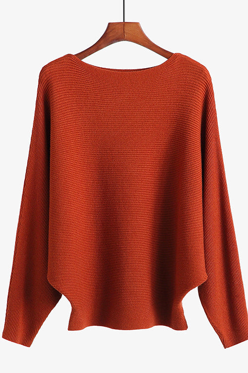 Rosiedress Boat Neck Batwing Sleeves Ribbed Knit Sweater Caramel S M