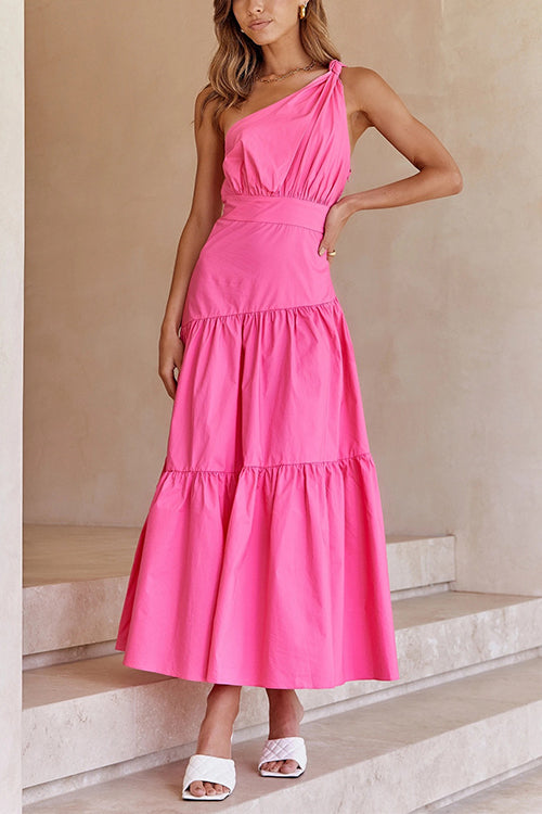 (4 Colors)Rosiedress One Shoulder High Waist Tiered Maxi Dress HotPink