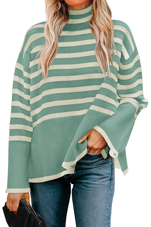 Turtleneck Side Split Striped Sweater Cyan