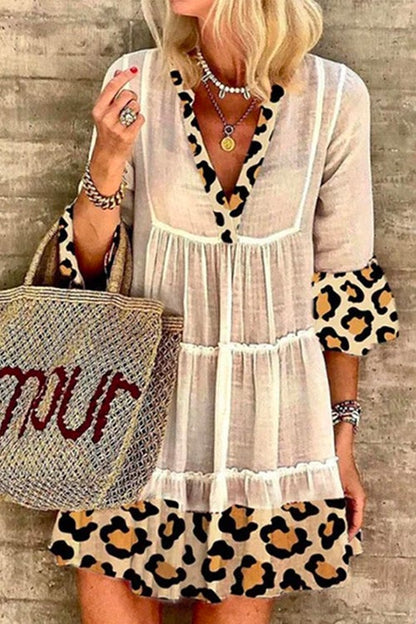 V Neck Leopard Splice Swing Dress Apricot