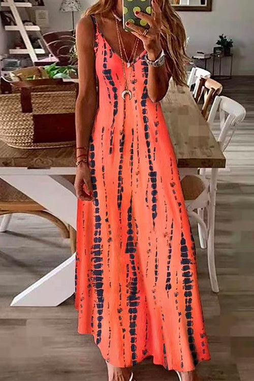 Rosiedress V Neck Tie Dye Swing Maxi Cami Dress Orange