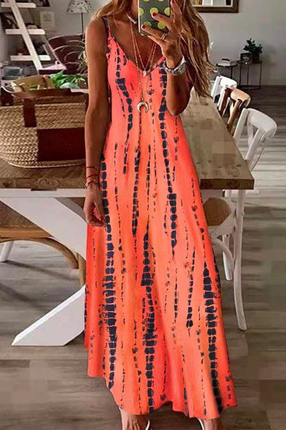 V Neck Tie Dye Swing Maxi Cami Dress Orange