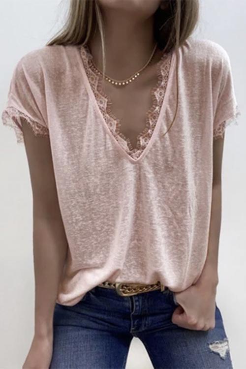 V Neck Solid Lace Blouse Top