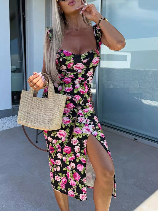 Slit Sweetheart Neck Midi Dress