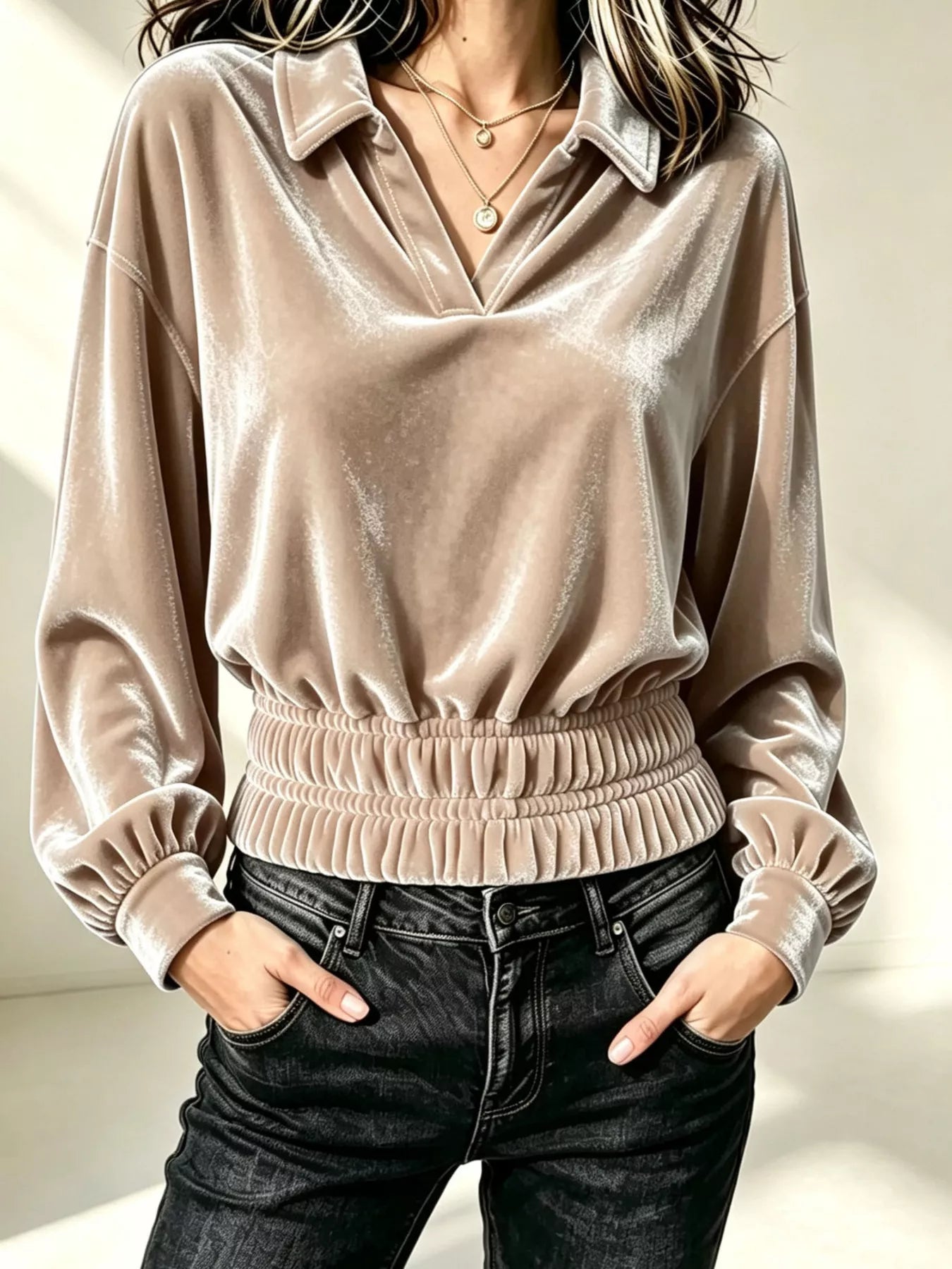 Velvet Johnny Collar Long Sleeve Blouse