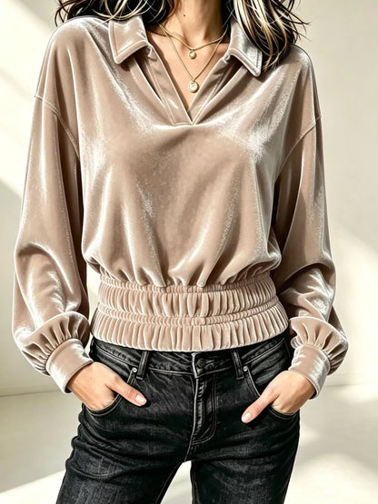 Velvet Johnny Collar Long Sleeve Blouse