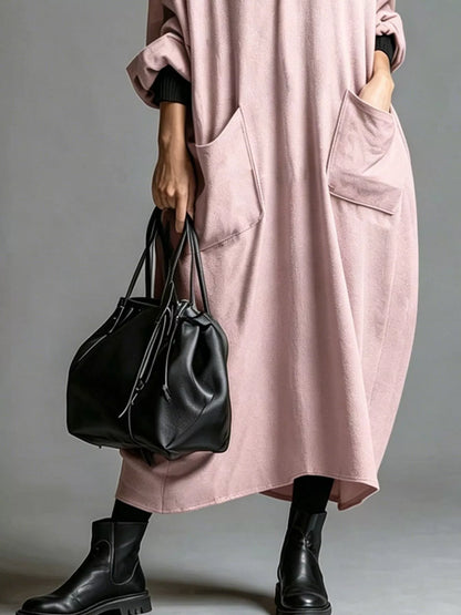 Full Size Loose-Fit Mock Neck Midi Dress with Pockets Plus Size
