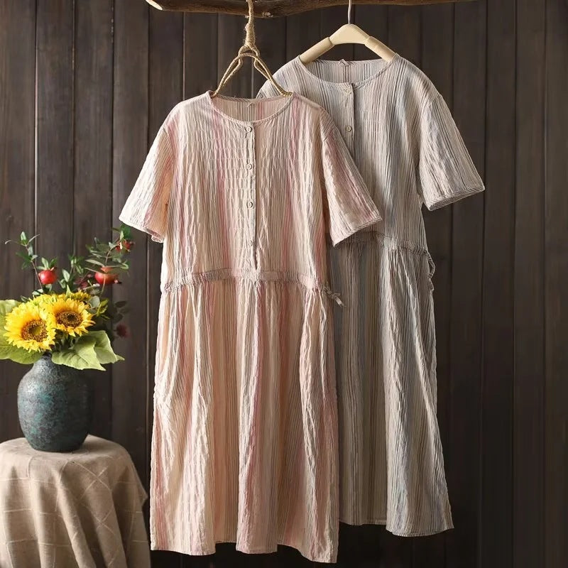 Cotton Linen Vertical Stripe Tie Dress