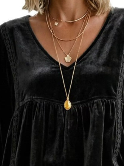 Full Size V-Neck Long Sleeve Velvet Blouse with Lace Trim Plus Size
