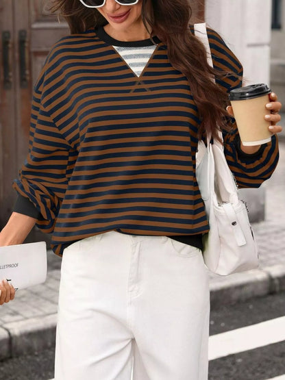 Contrast Trim Striped Crew Neck Sweatshirt