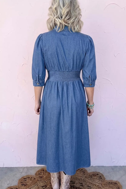 V Neck Shirred Waist Metal Zipper Denim Midi Dress