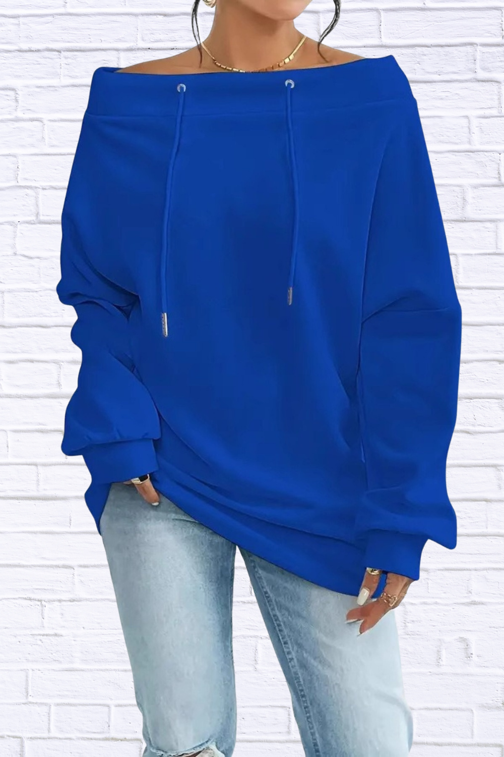 Off-Shoulder Drawstring Sweatshirt