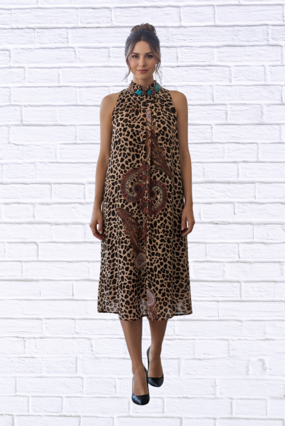 Animal and Paisley Print Sleeveless Maxi Dress – High Neck Bow Detail Flowy Woven Dress