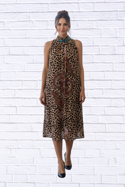 Animal and Paisley Print Sleeveless Maxi Dress – High Neck Bow Detail Flowy Woven Dress