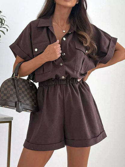 Button Front Short Sleeve Shirt and Shorts Set