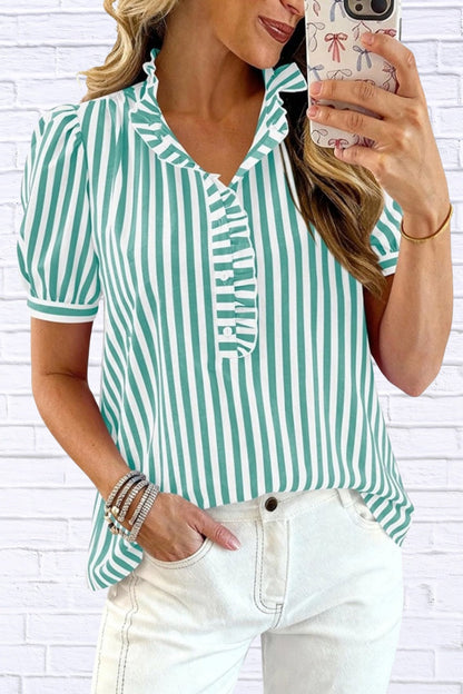 Frill Striped Puff Sleeve Blouse | Chic Women’s Top