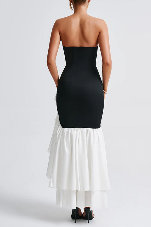 Strapless Color Block Ruffle Layered Bandeau Maxi Dress