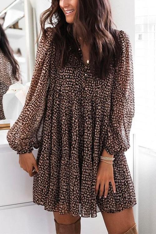 Rosiedress V Neck Leopard Swing Mini Dress Brown