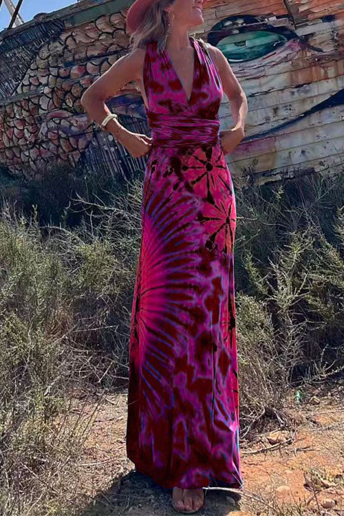 V Neck Criss Cross Backless Tie Dye Maxi A-line Dress Red