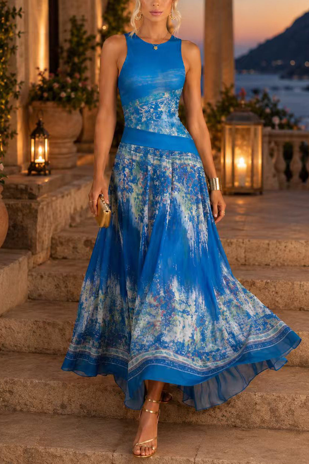 Crewneck Sleeveless Printed Flowy Maxi Dress