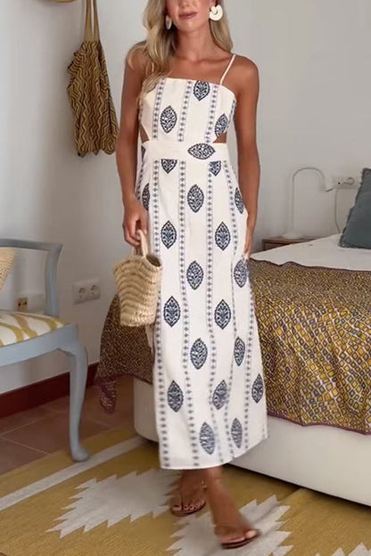 Spaghetti Strap Cut Out Waist Printed Midi Dress