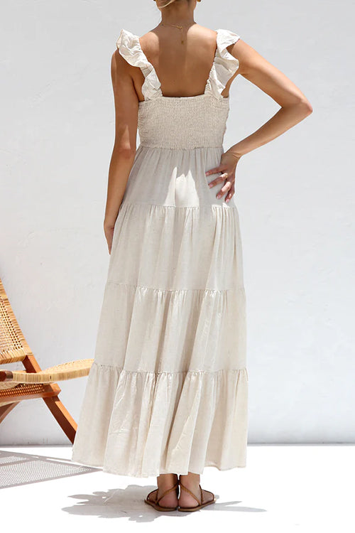 Rosiedress V Neck Ruffle Trim Tiered Sleeveless Linen Maxi Dress