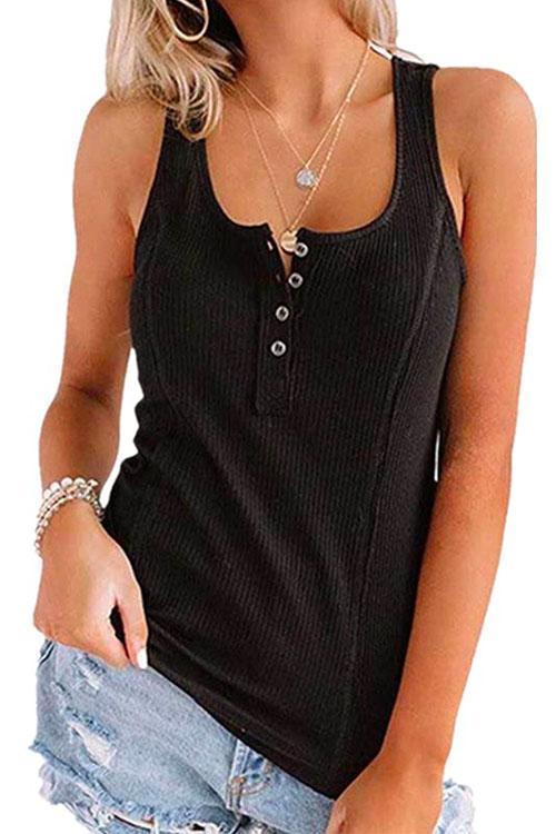 Buttons Sleeveless Stretchy Top Black