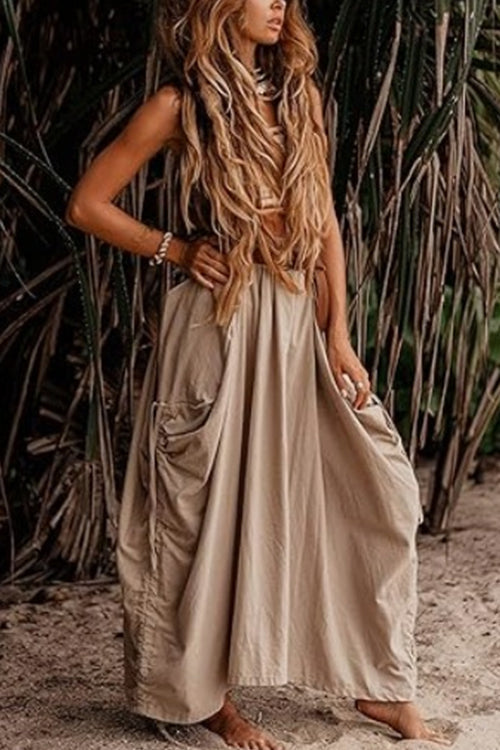 Side Drawstring Ruched Cotton Linen Baggy Maxi Skirt Khaki