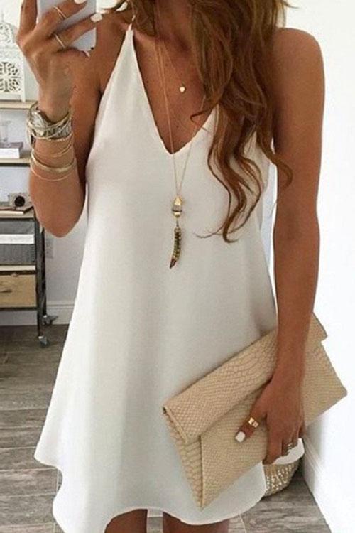 Rosiedress Solid V-neck Sleeveless Chiffon Swing Dress White