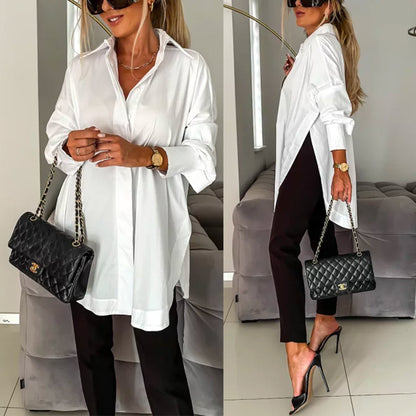 Side Split Long Sleeves Button Down Oversized Blouse Shirt White