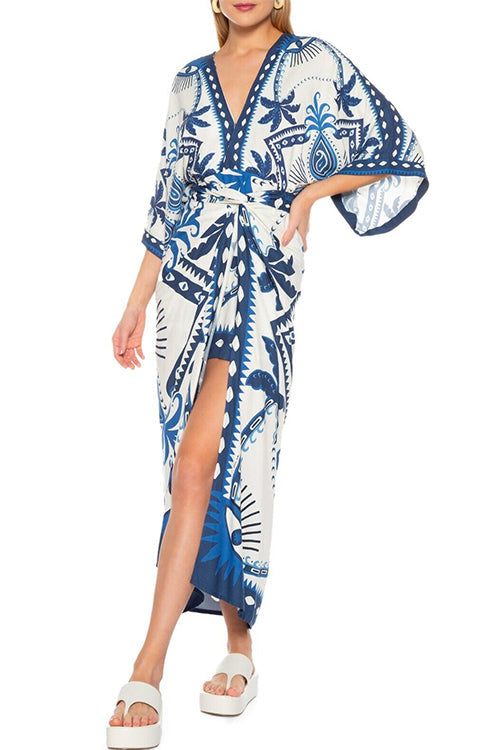 Rosiedress V Neck Kimono Sleeves Tie Waist Printed Wrap Dress