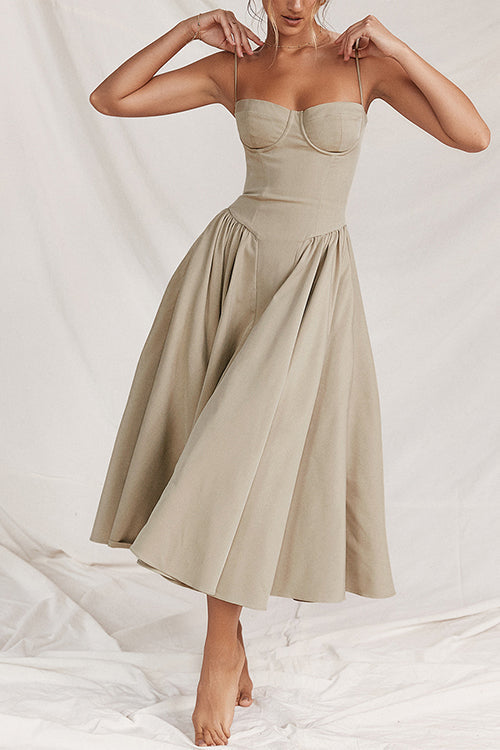 Spaghetti Strap Pocketed Corset Swing Midi Dress Coffee