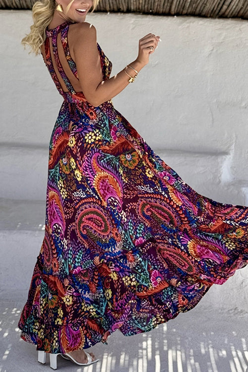 Sleeveless Back Cut Out Unique Print Ruffle Maxi Dress