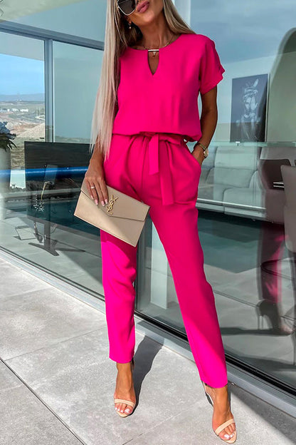 V Neck Rolled Sleeve Pullover Knot Waist Tapered Pants Set Red