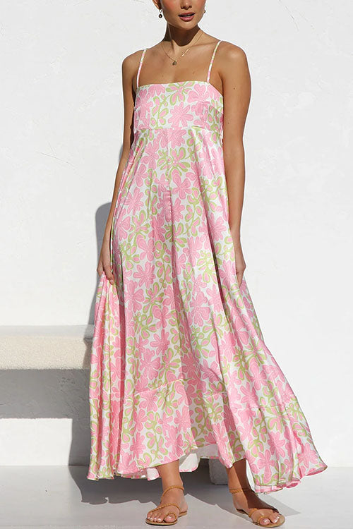 Rosiedress Spaghetti Strap Empire Waist Floral Print Swing Maxi Dress Pink